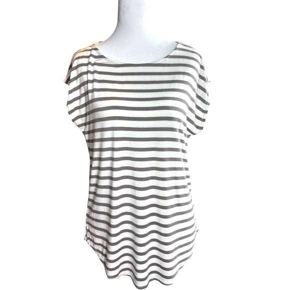 Green Envelope Tops - GREEN ENVELOPE Timeless Classic Top Brown Stripe Shirt Cap Sleeve USA Minimalism